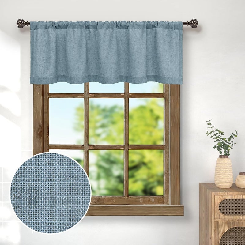 Pitalk Farmhouse Kitchen Valance for Windows Burlap Light Blue Linen Sheer Valance Curtain for Living Room Bathroom Laundry Rustic Country Blue Cafe Curtain Small Boho Decor 18 inch Length Stone Blue - Image 1